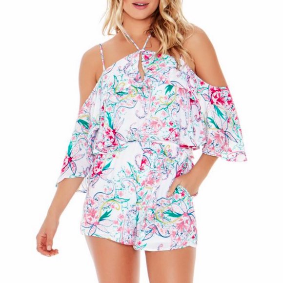 l*space Pants - L*SPACE WHITE PINK PRINTED COLD SHOULDER ELASTIC WAIST SEASIDE LINED ROMPER